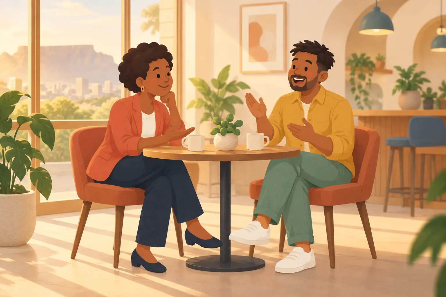 Two colleagues talking over coffee at a small round table, one listening closely as the other explains