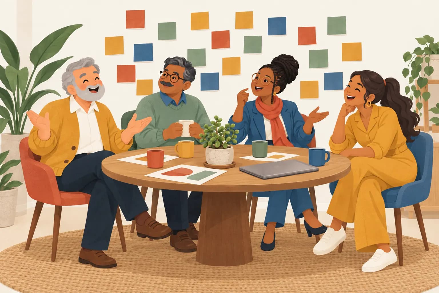 Four colleagues laughing around a table in front of a wall of coloured sticky notes