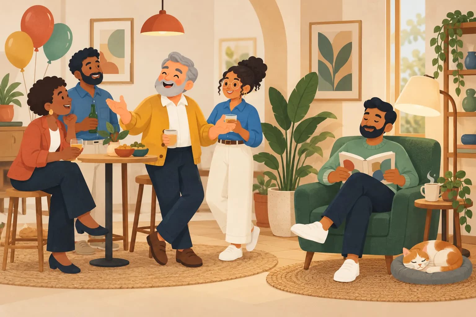 Friends chatting with drinks on one side of a room while a man reads happily in an armchair beside a sleeping cat