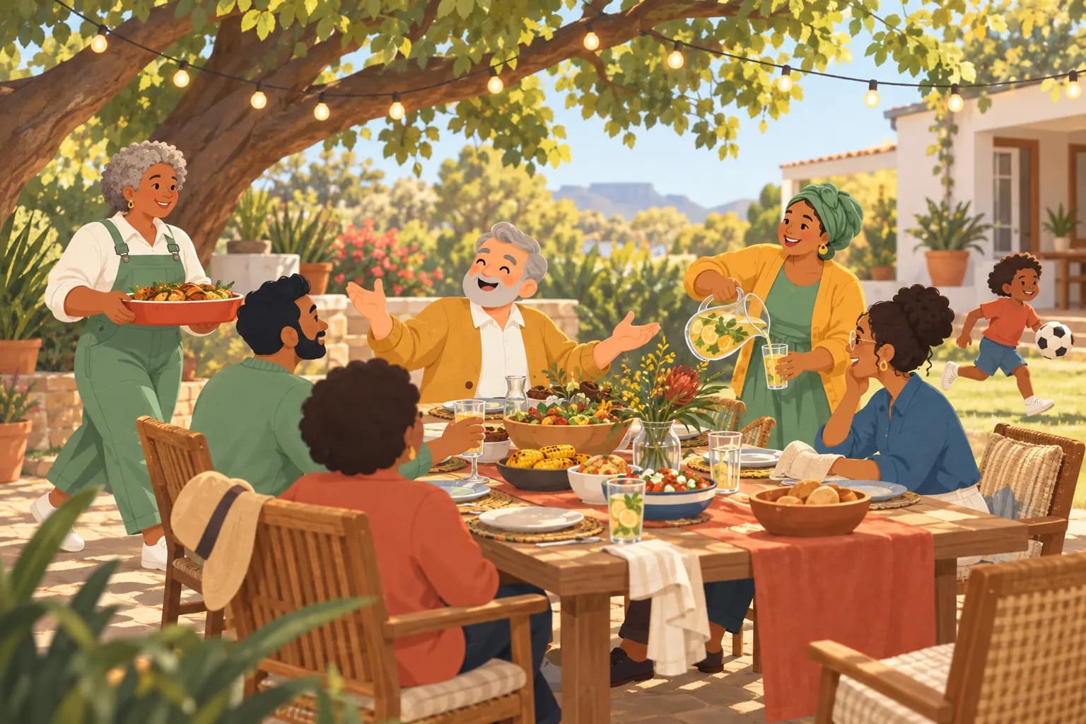 A family summer lunch under a big tree strung with lights, with dishes and drinks arriving and a child chasing a ball