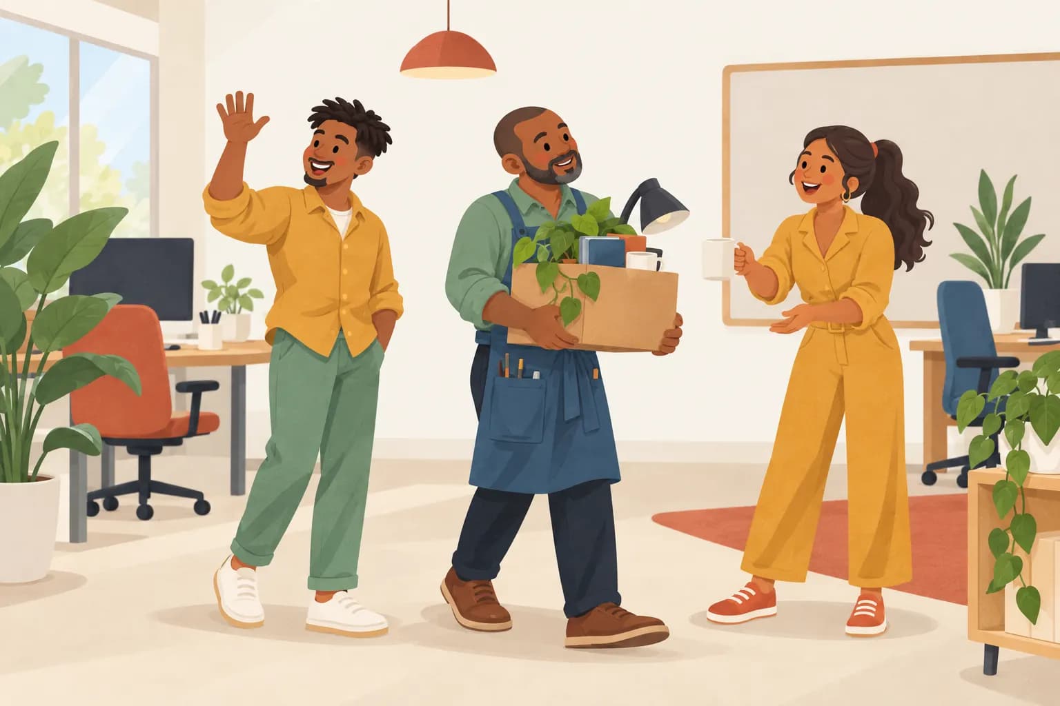 A new starter carrying a box of desk things and a plant into an office as one colleague waves and another offers a coffee