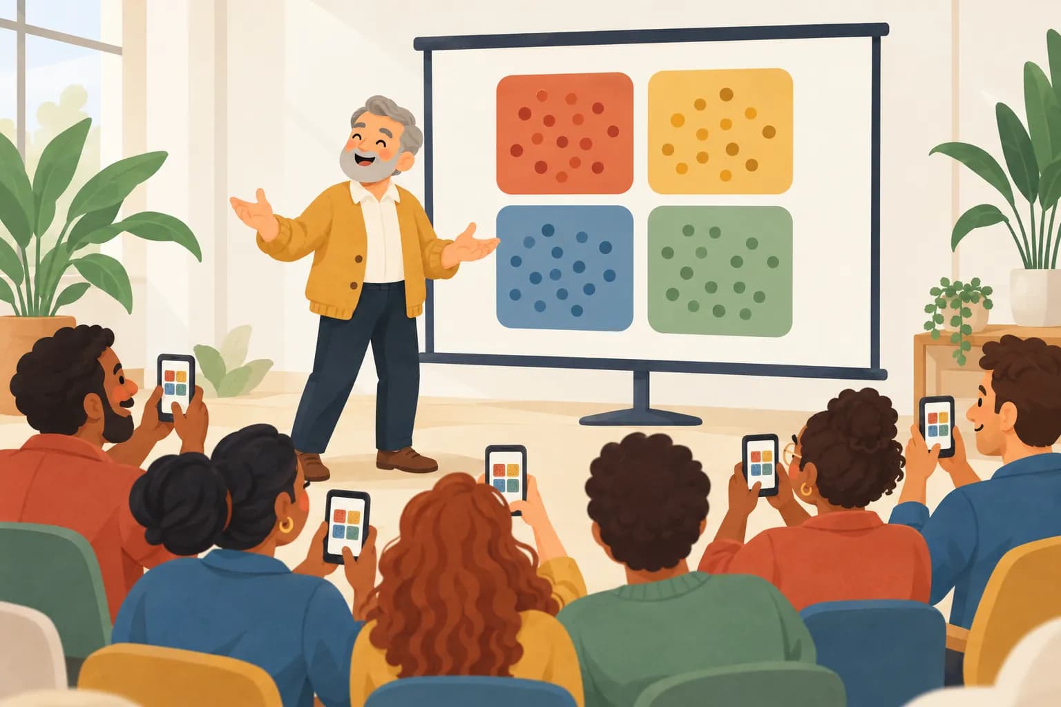 A workshop audience holding up phones while a live DISC map fills up on the screen