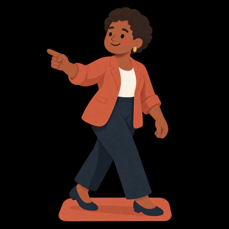 A Black woman in her 40s in a terracotta blazer, pointing confidently ahead