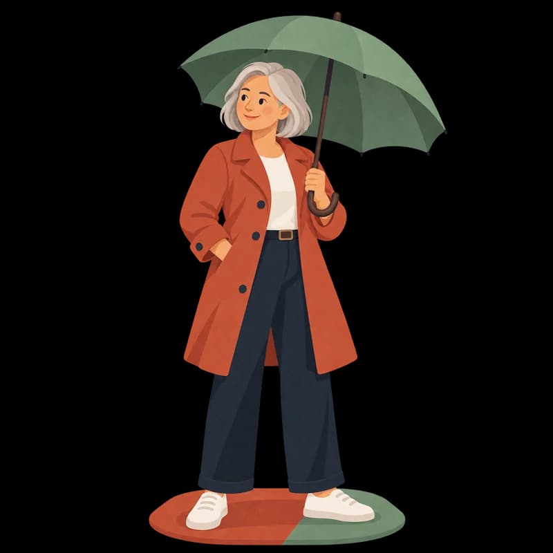 A white woman in her 50s with a silver bob, holding an umbrella