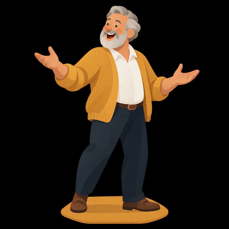 A white man in his 60s with a grey beard, laughing, in an ochre cardigan