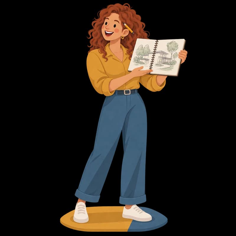 A white woman in her 40s with curly red hair, showing a sketchbook