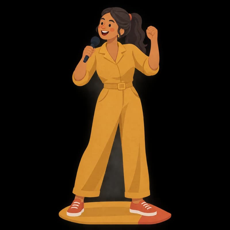 An Indian South African woman in her 30s holding a microphone