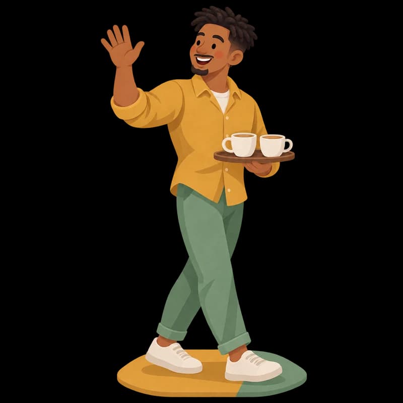 A Black man in his 20s waving, carrying a tray of coffees