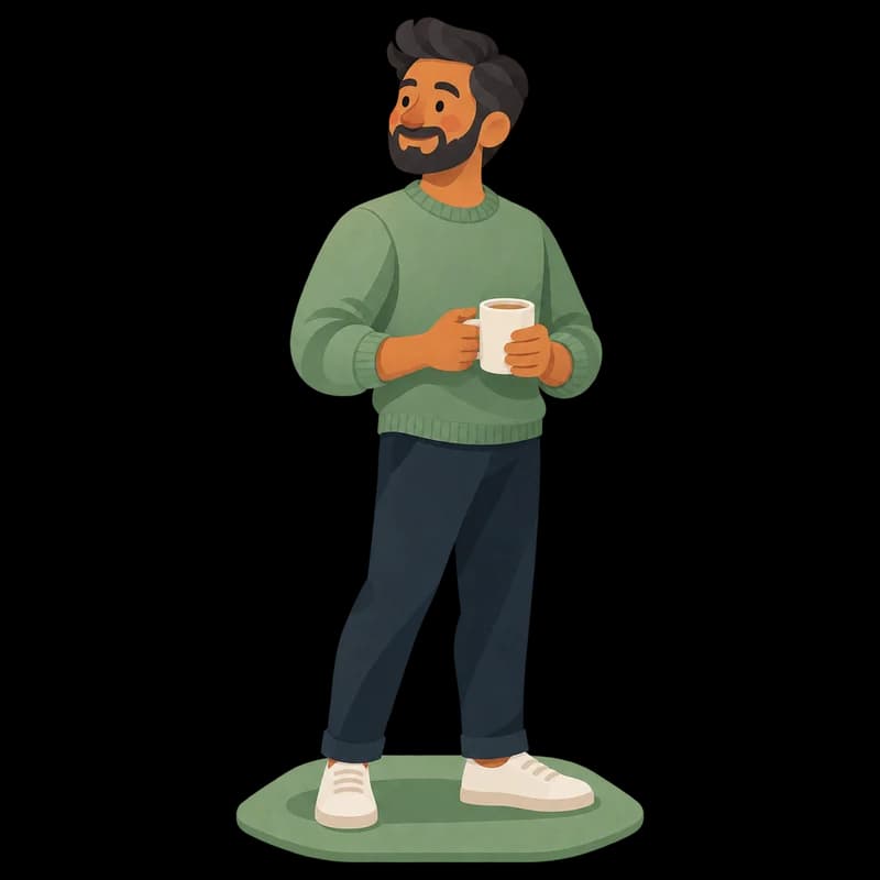 An Indian South African man in his 30s in a sage jersey, holding a cup of tea
