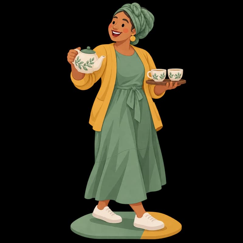A Coloured woman in her 30s wearing a headscarf, holding a teapot