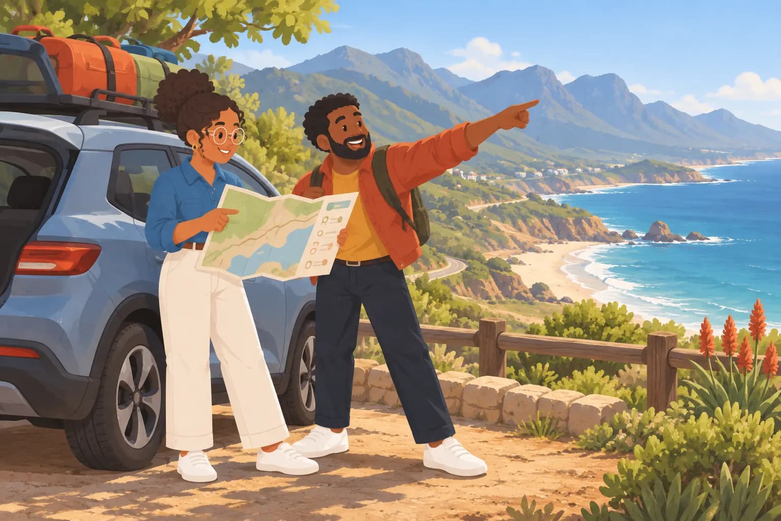 A couple beside a packed car above the coast, one studying a map as the other points excitedly at the view