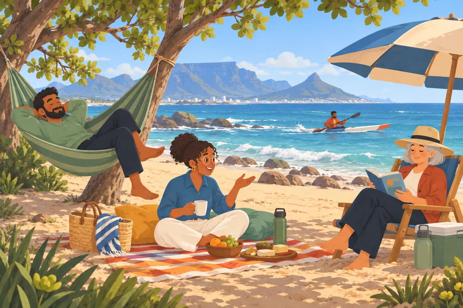 Friends relaxing on a beach below Table Mountain: one in a hammock, one chatting, one reading and one paddling out to sea