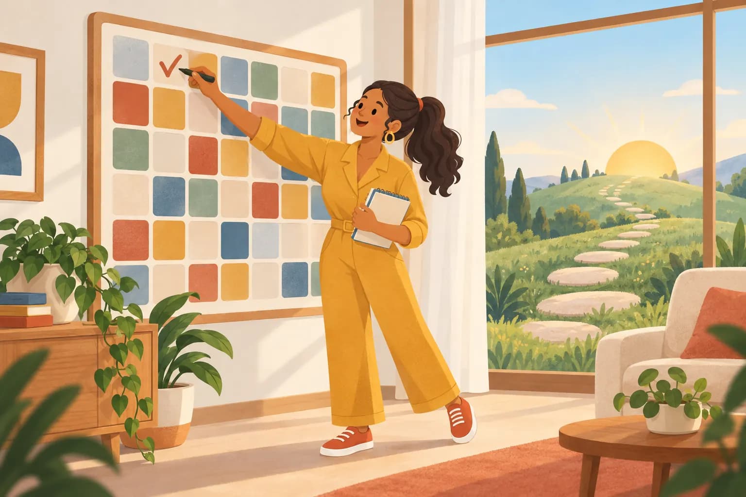 A woman ticking the first square on a wall planner, with stepping stones winding up a hill towards a rising sun