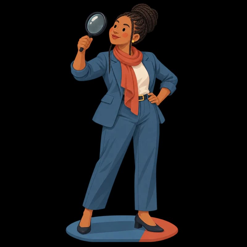 A Black woman in her 30s with braids, looking through a magnifying glass