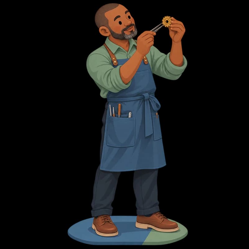 A Black man in his 40s, a watchmaker working with tweezers