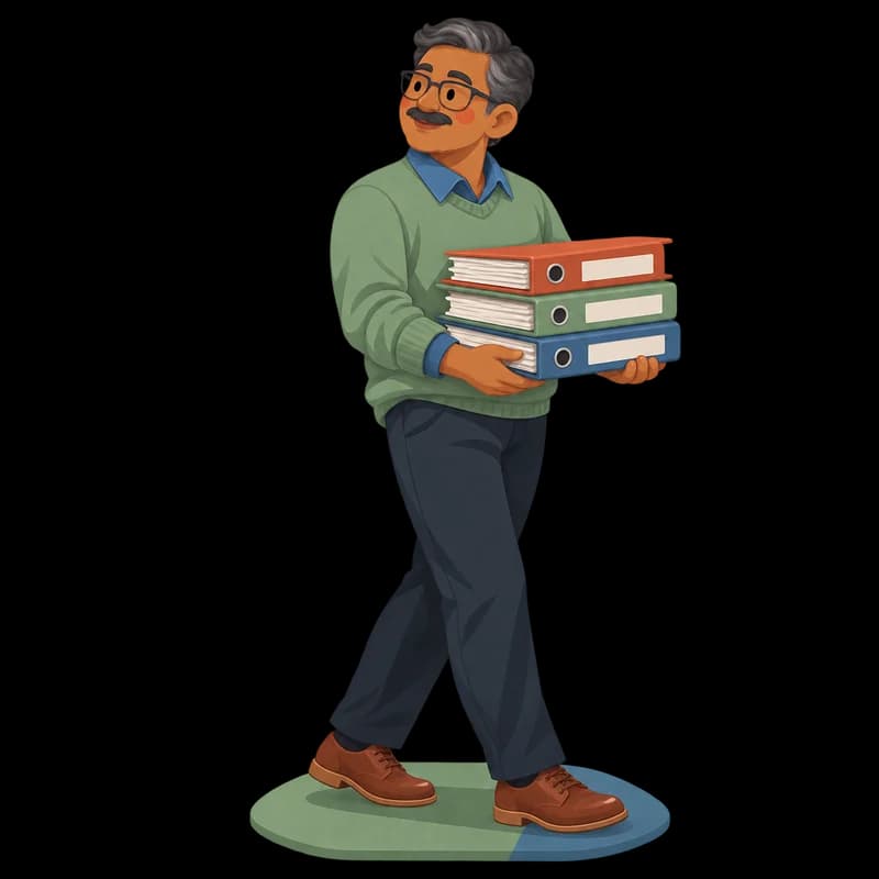 An Indian South African man in his 50s with glasses, carrying a stack of folders